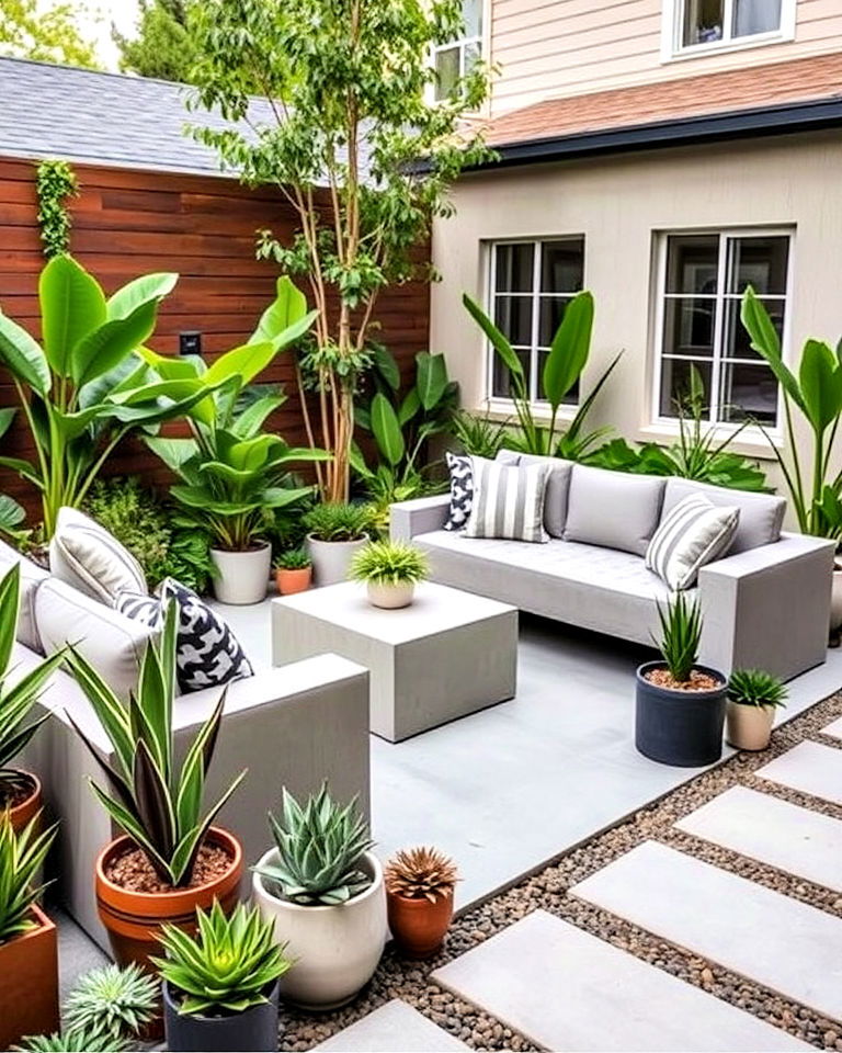 modern concrete seating with potted plants - 25 Front Yard Sitting Area Ideas