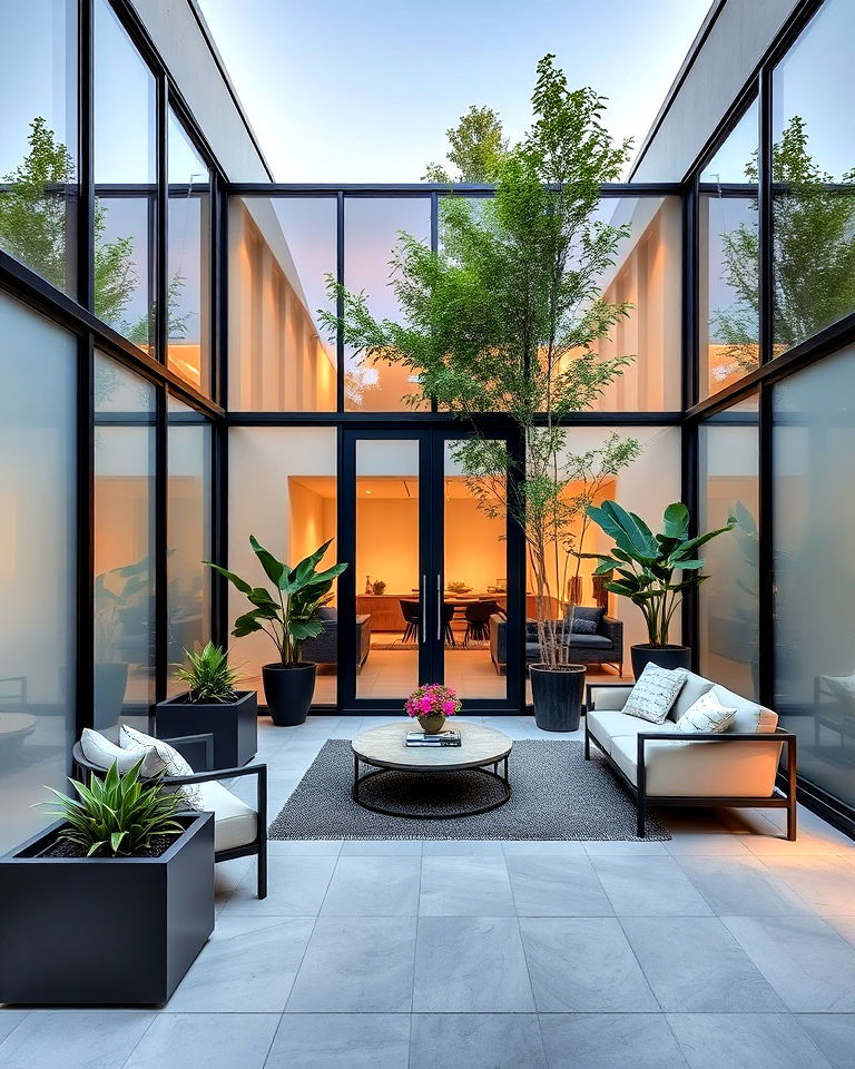 modern courtyard with glass panels - 15 Enclosed Front Courtyard Ideas