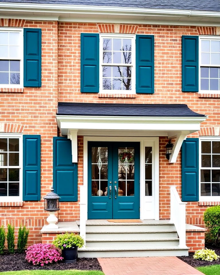 modern dark teal accents with white trim - 25 Blonde Brick House Color Schemes
