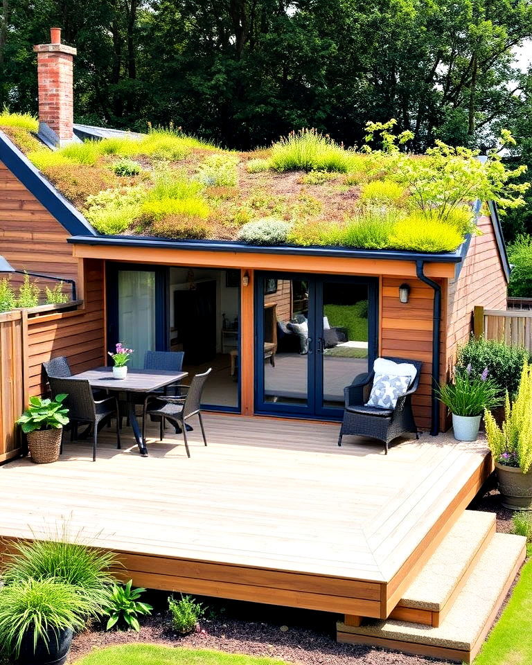 modern decking design with green roof extension - 30 Garden Decking Ideas