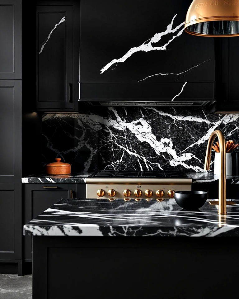 modern elegance with black marble backsplash - 20 Kitchens With Dark Backsplashes