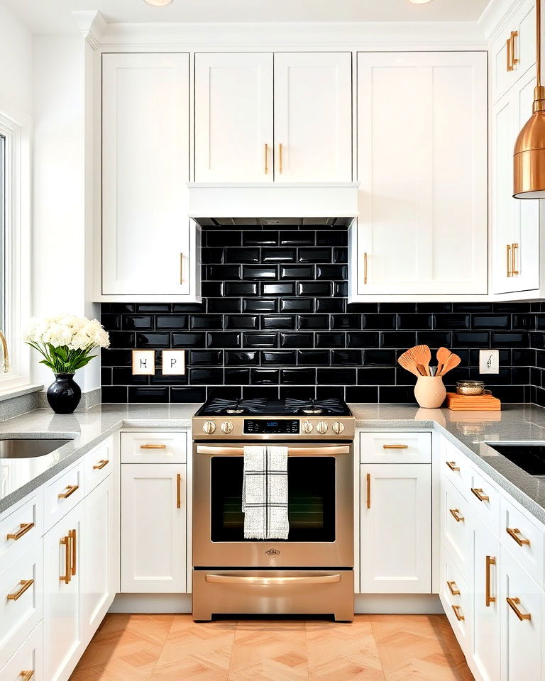 modern elegance with subway tiles for white kitchen - 20 White Kitchen With Black Backsplash Ideas