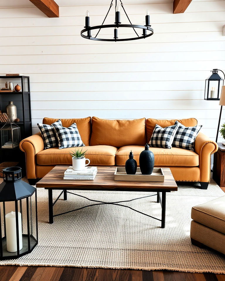 modern farmhouse charm with tan sofa - 15 Tan Sofa Living Room Ideas