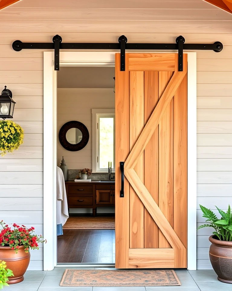 modern farmhouse sliding barn door - 25 Farmhouse Front Door Ideas