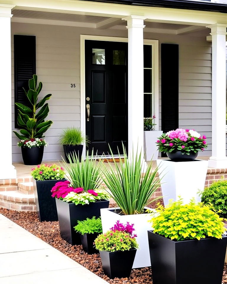 modern front yard black and white planters - 20 Front Yard Landscaping With Potted Plants