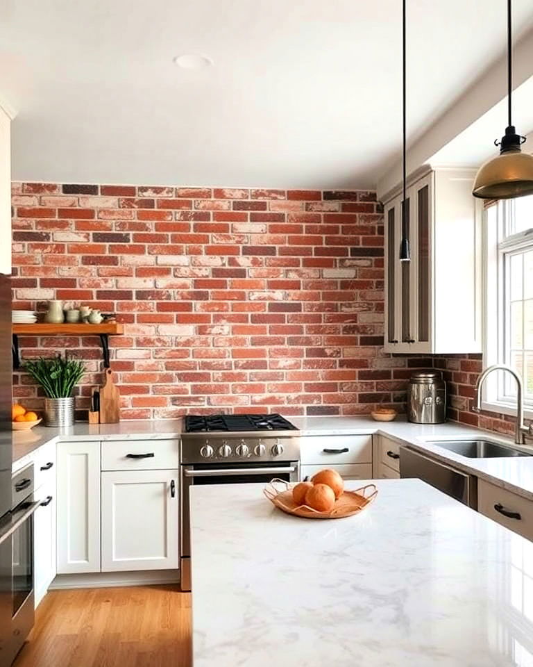 modern full wall brick backsplash - 25 Kitchen With Brick Backsplash Ideas