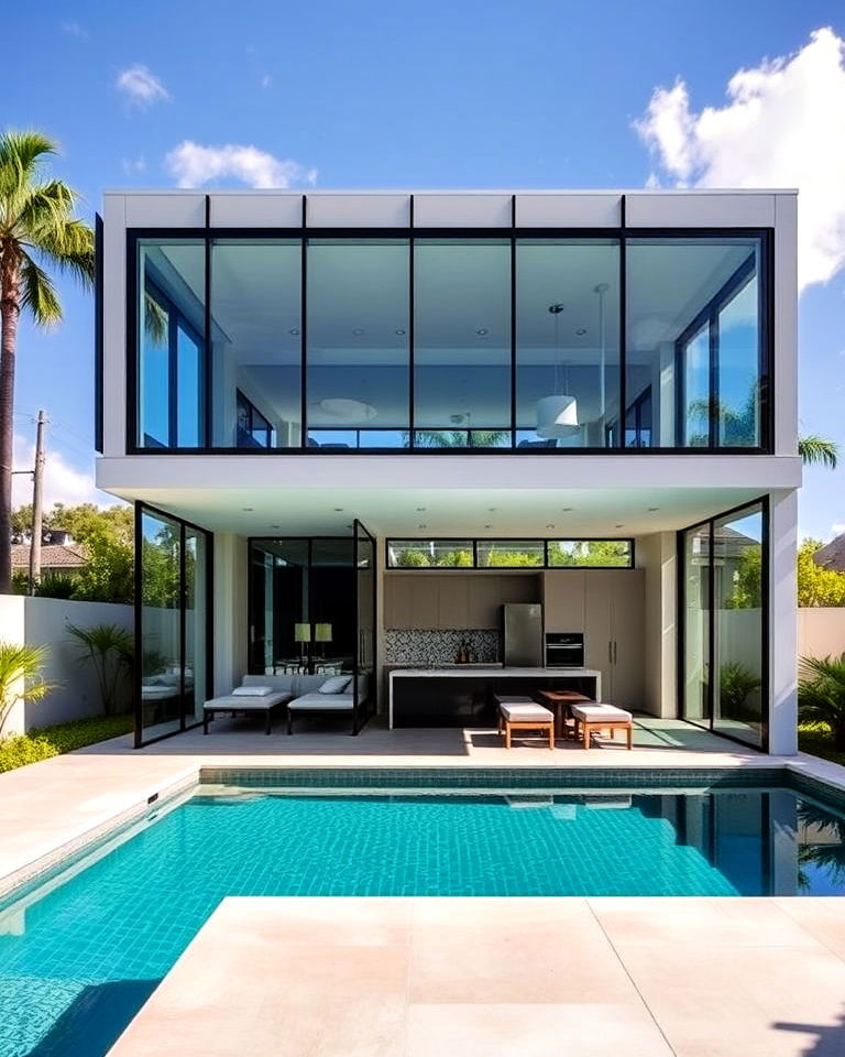 modern glass walled pool house - 20 Two Story Pool House Ideas