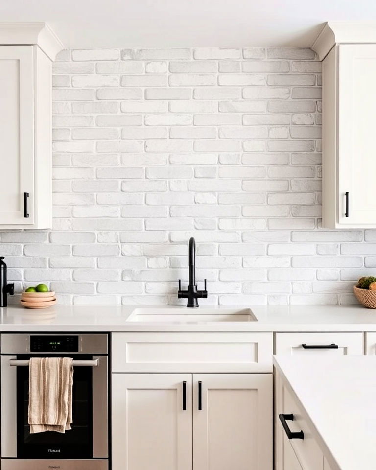 modern light gray brick backsplash - 25 Kitchen With Brick Backsplash Ideas