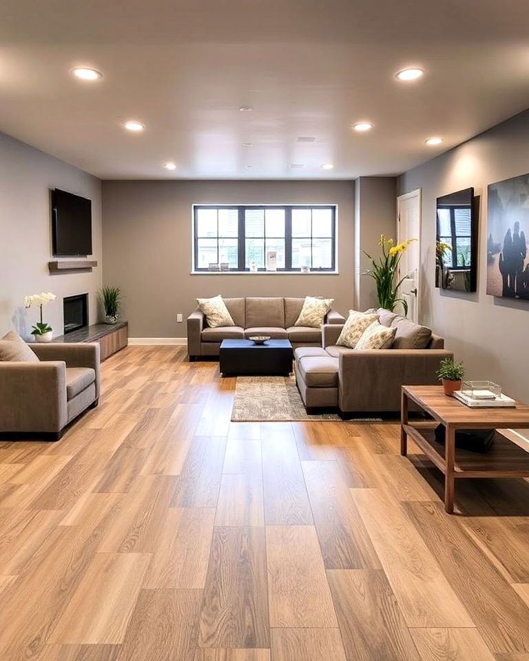 modern look wide plank vinyl flooring in any basement - 15 Basement Vinyl Flooring Ideas
