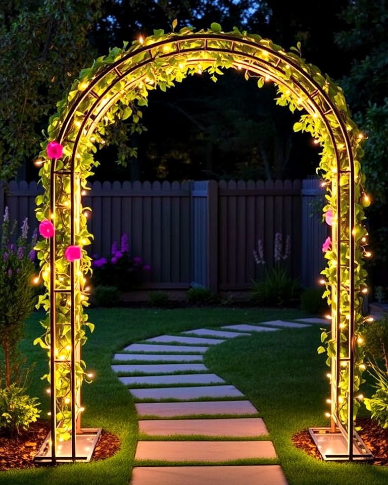 modern metal arch with lights - 25 Garden Arch Ideas