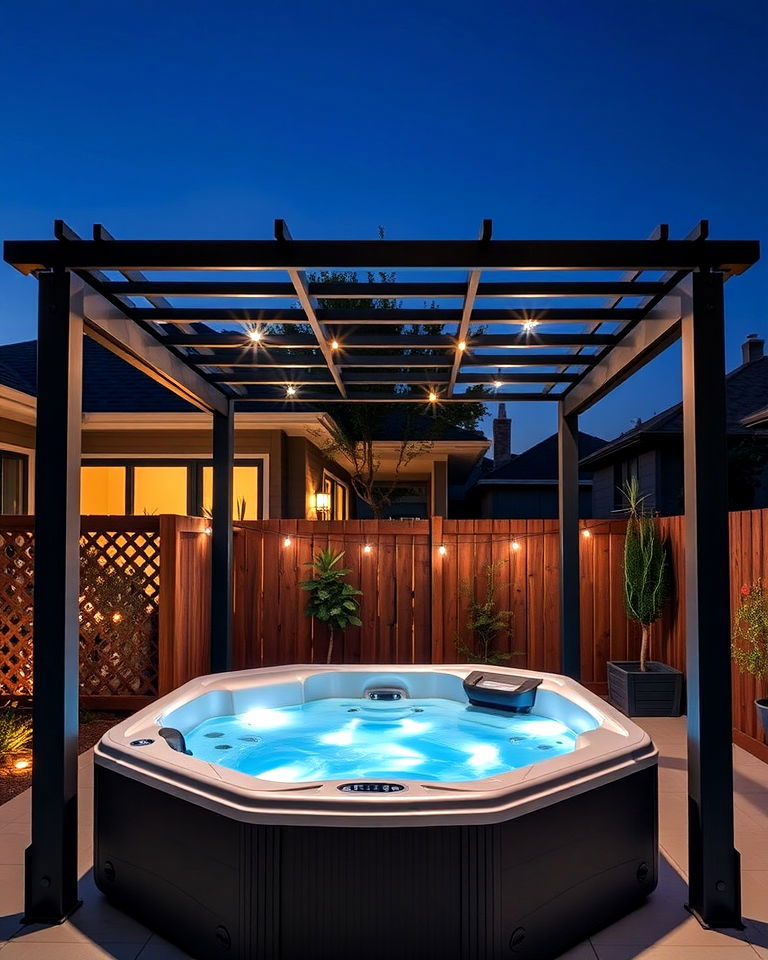 modern metal pergola with integrated lighting - 15 Hot Tub Pergola Ideas