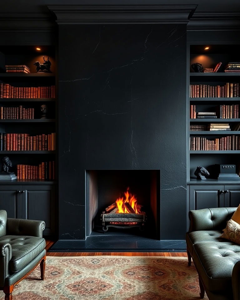 modern minimalist black slate fireplace - 15 Dark Academia Fireplace Ideas
