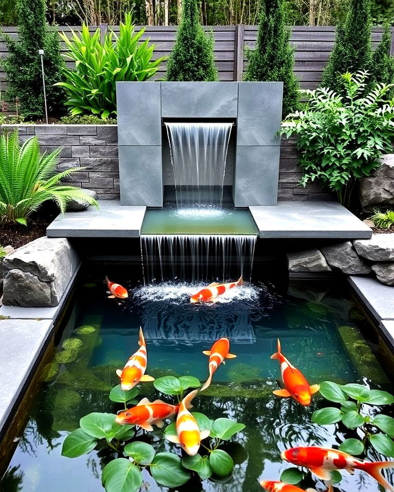 modern minimalist koi pond with sleek waterfall - 15 Koi Pond Ideas With Waterfall