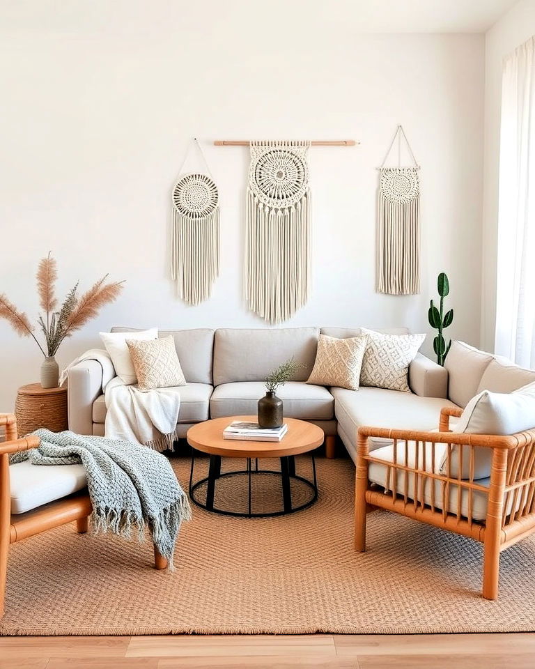 modern neutral tones living room with layered textures - 20 Minimalist Modern Boho Living Room Ideas