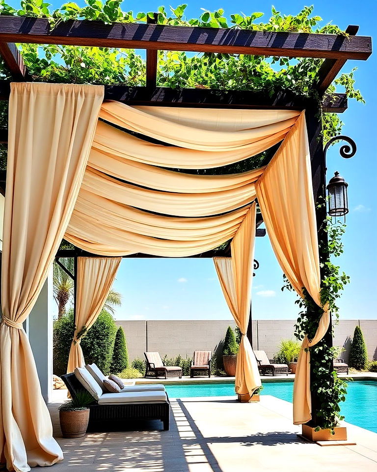 modern pergola with fabric drapes modern pergola with fabric drapes - 20 Pool Canopy Ideas