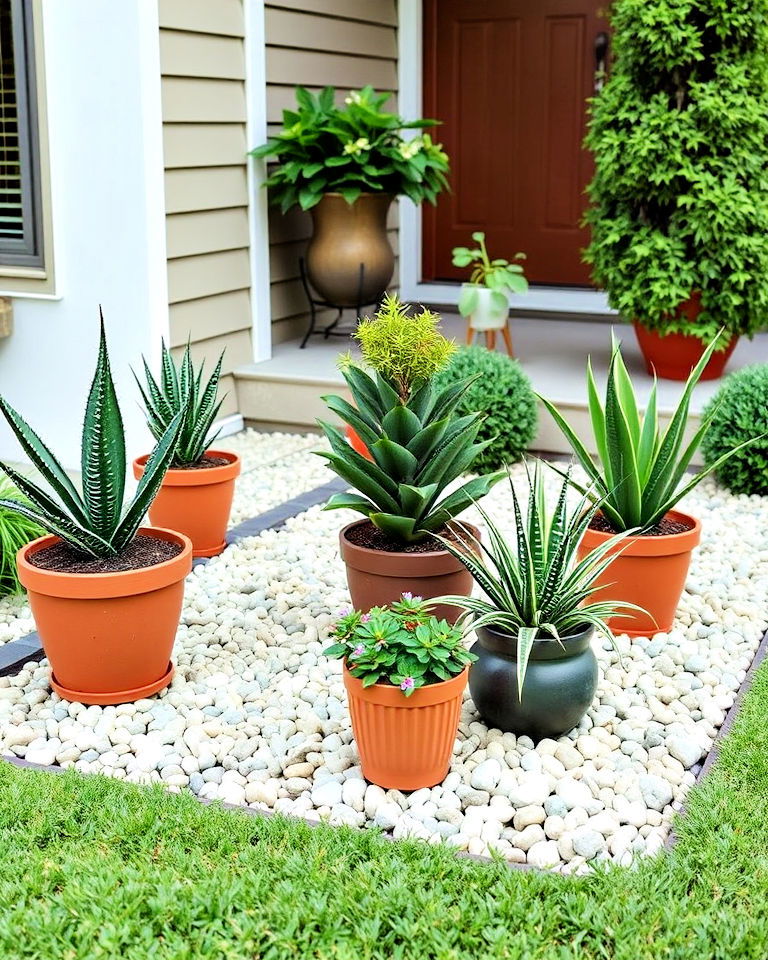 modern potted plants with pebble borders - 20 Front Yard Landscaping With Potted Plants