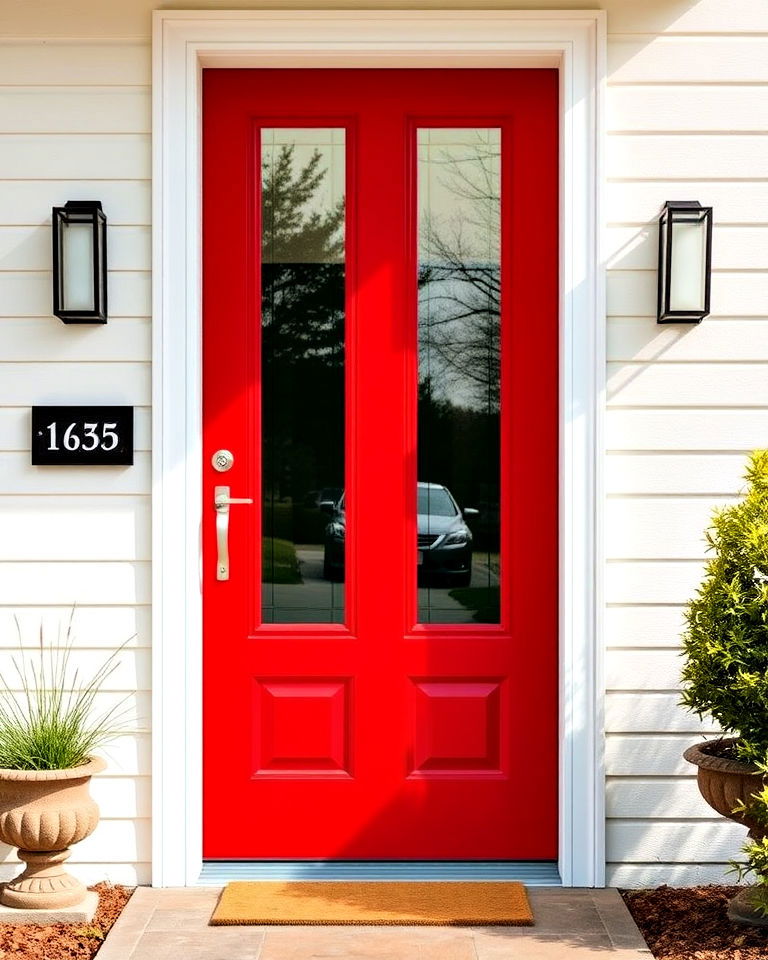 modern red door featuring glass inserts - 25 Red Front Door Ideas