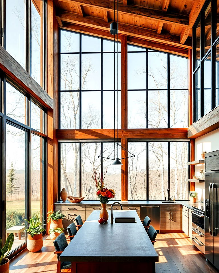 modern rustic floor to ceiling windows - 25 Modern Rustic Kitchen Ideas