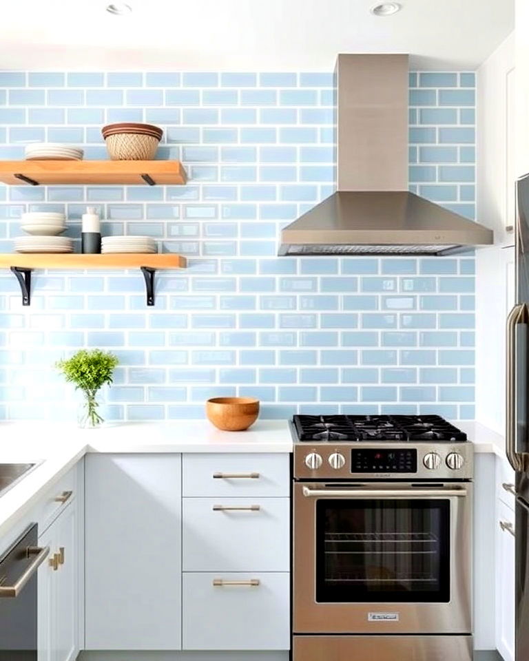 modern sky blue glass subway tiles for kitchen - 25 Kitchen With Blue Backsplash Ideas