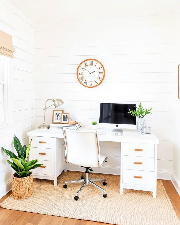 modern styles white shiplap walls - 20 White Home Office Ideas