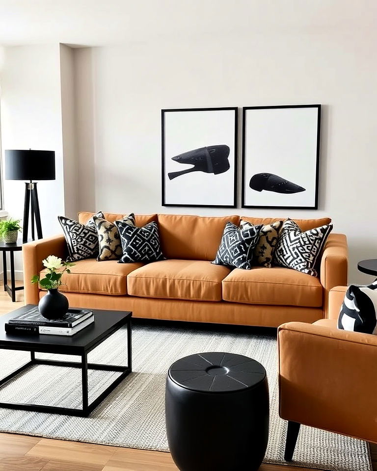 modern tan and black living room - 15 Tan Sofa Living Room Ideas