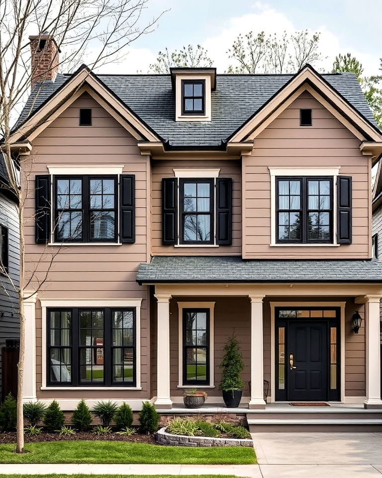 modern taupe house with deep charcoal gray accents - 20 Exterior Taupe House Color Combinations