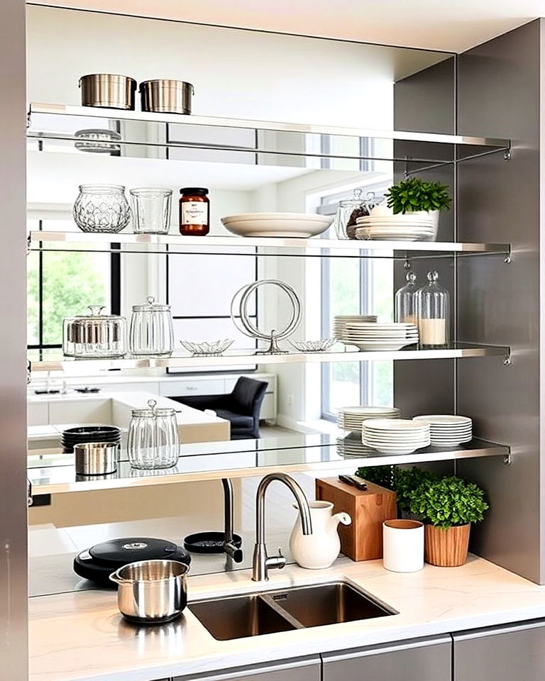modern touch mirrored shelves for kitchen - 15 Mirror in Kitchen Ideas
