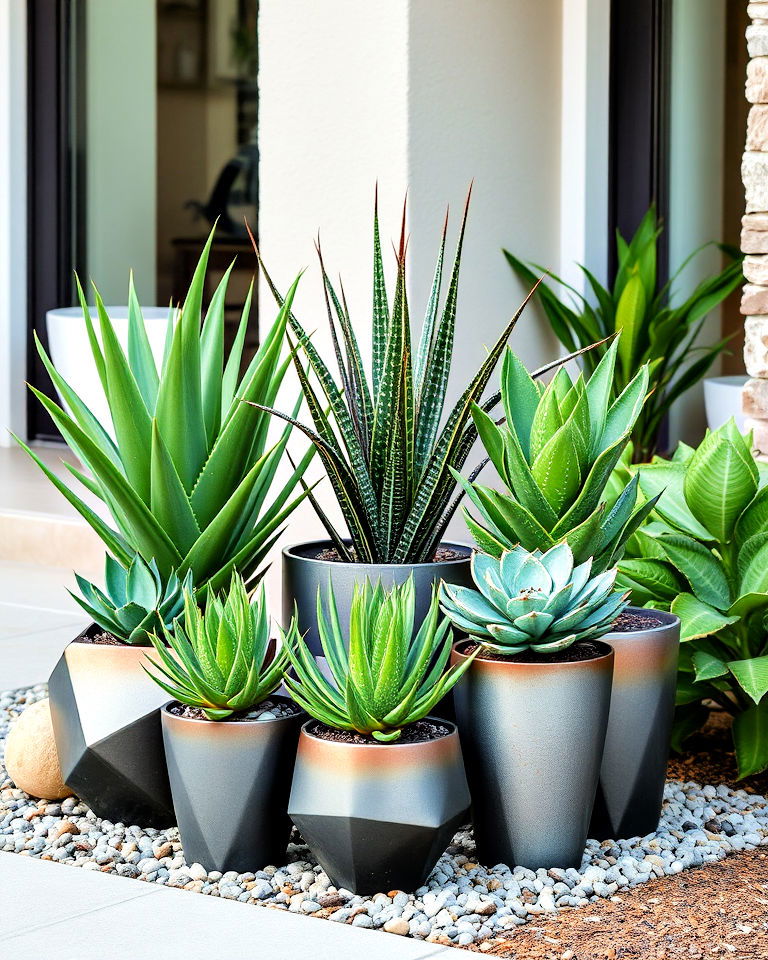 modern touch with succulent arrangements - 20 Front Yard Landscaping With Potted Plants