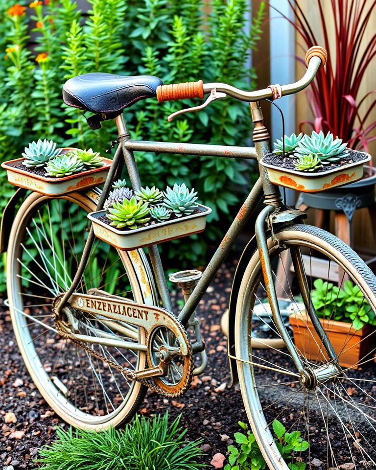 modern twist bicycle succulent display - 15 Old Bicycle Garden Ideas