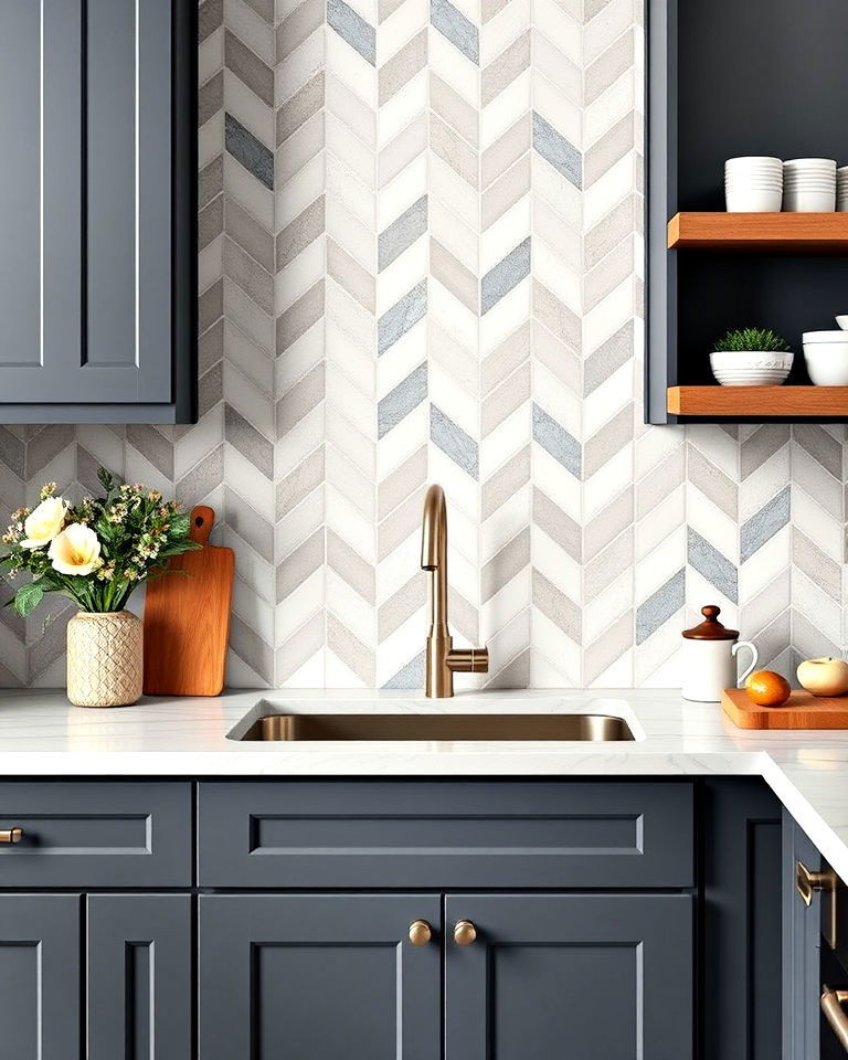 modern two tone tiles backsplash - 25 Kitchens With Herringbone Tile Backsplashes