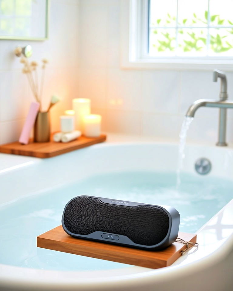 modern waterproof speaker - 25 Bathtub Decor Ideas
