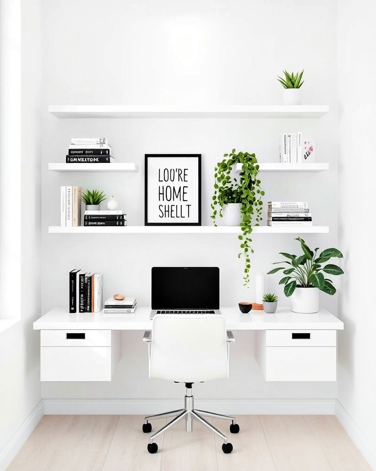 modern white floating shelves storage solution - 20 White Home Office Ideas