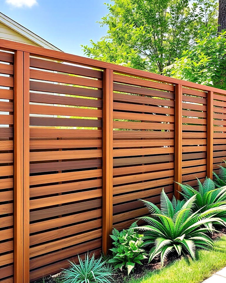 modern wooden panels with horizontal slats - 25 Property Line Landscaping Ideas