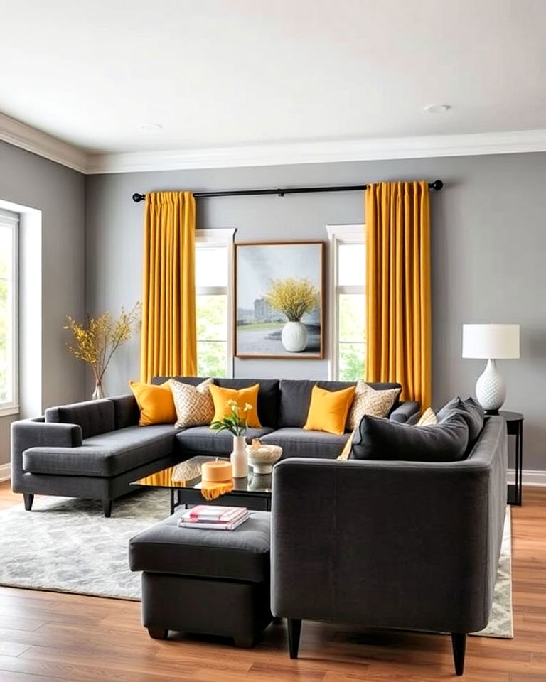 modern yellow and gray living room - 15 Combination Colors That Go With Yellow at Home