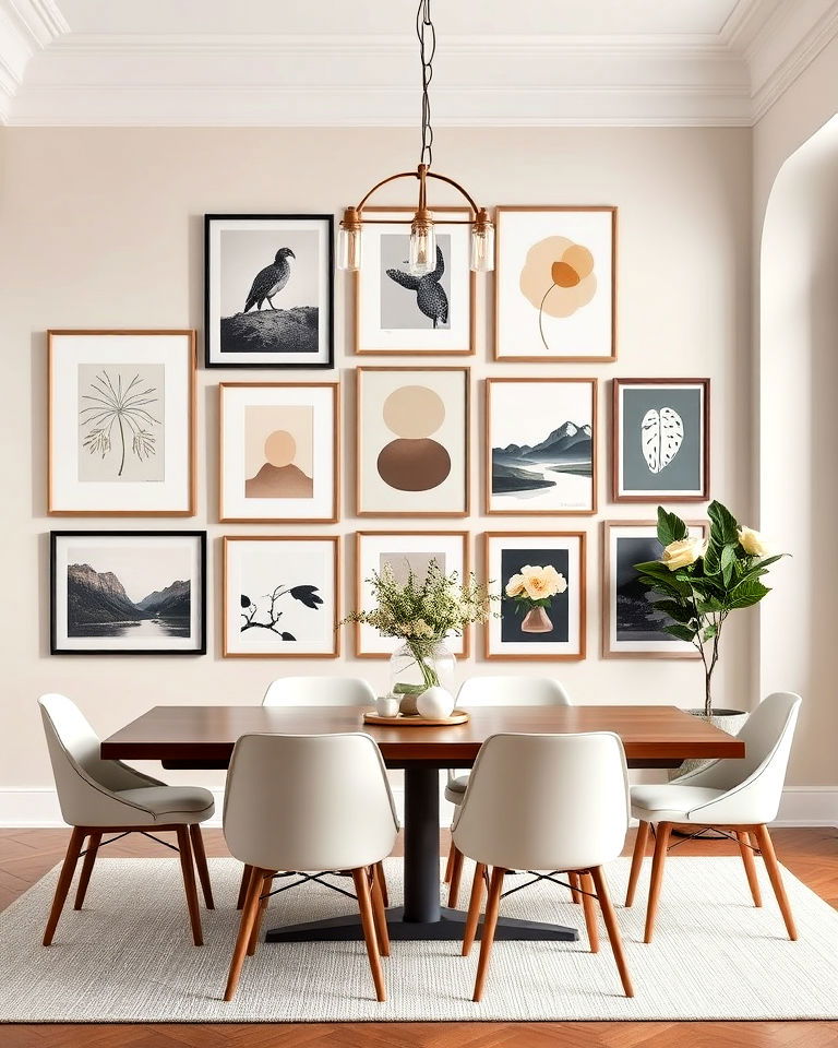 monochromatic color palette gallery wall - 15 Dining Room Gallery Wall Ideas