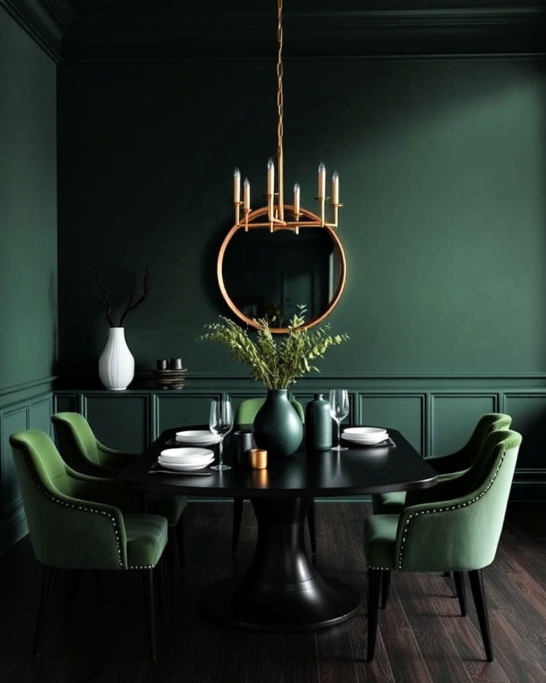 monochromatic green palette dining room - 20 Dark Green Dining Room Ideas