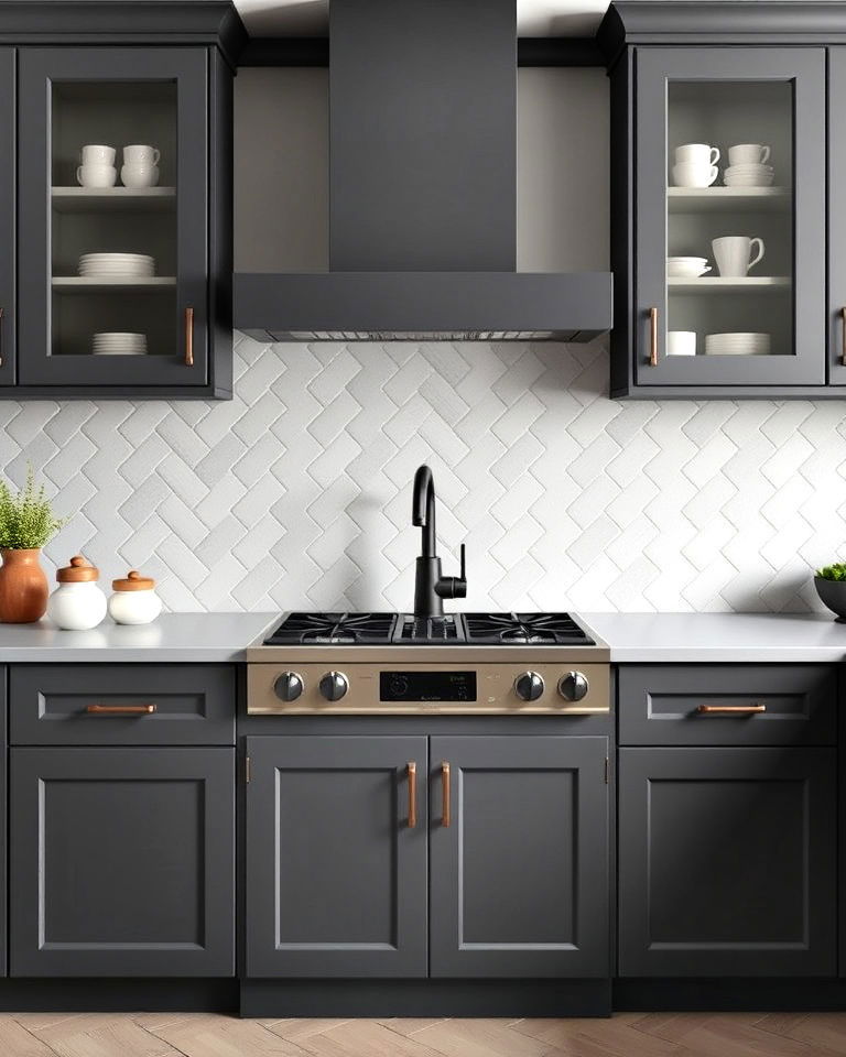 monochromatic herringbone backsplash - 25 Kitchens With Herringbone Tile Backsplashes