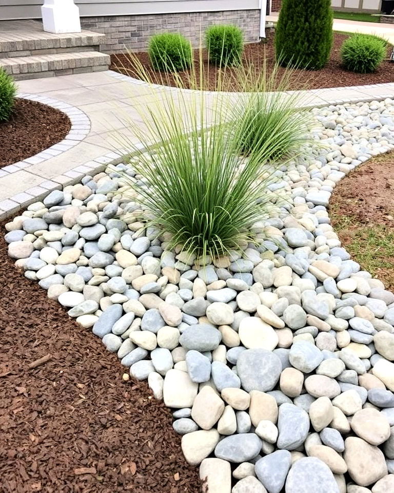 monochromatic stone palette for dry creek bed - 25 Front Yard Dry Creek Bed Landscaping Ideas