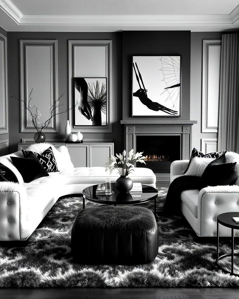 monochrome luxurious textures living room - 20 Luxury Black and White Living Room Ideas