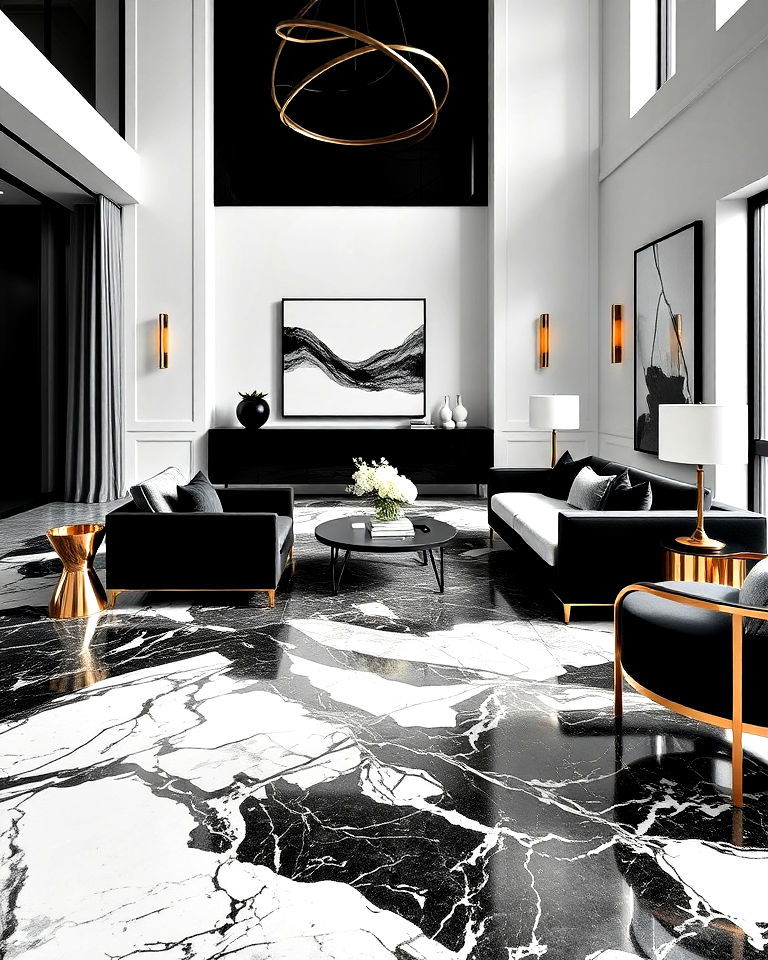 monochrome marble flooring living room - 20 Luxury Black and White Living Room Ideas