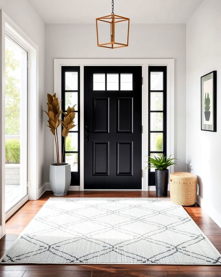 monochrome rug with a simple pattern - 15 Minimalist Entryway Ideas