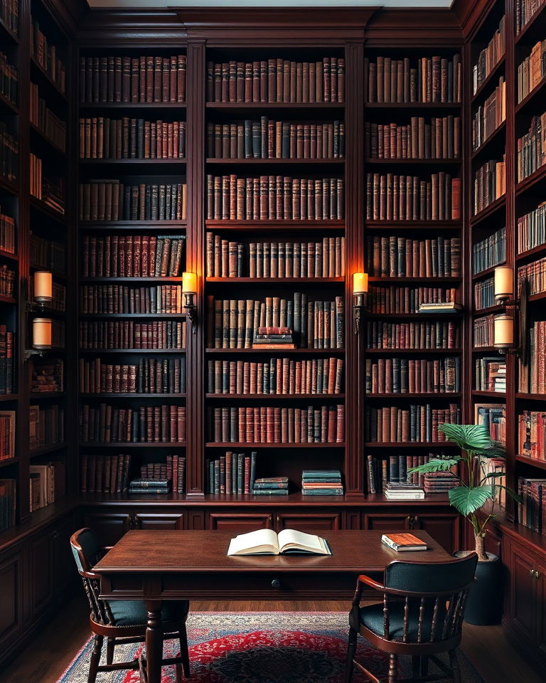 moody book lined walls study room - 15 Dark Academia Study Room Ideas