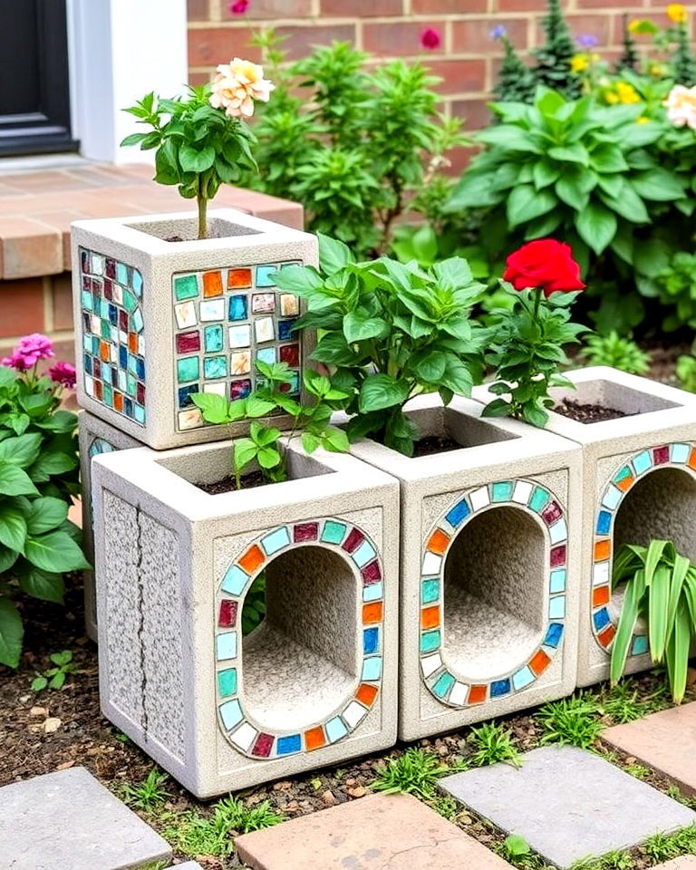 mosaic cinder block planters - 15 Cinder Block Planter Ideas