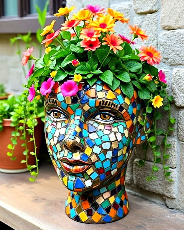mosaic head planters turn functional decor - 15 Head Planter Ideas