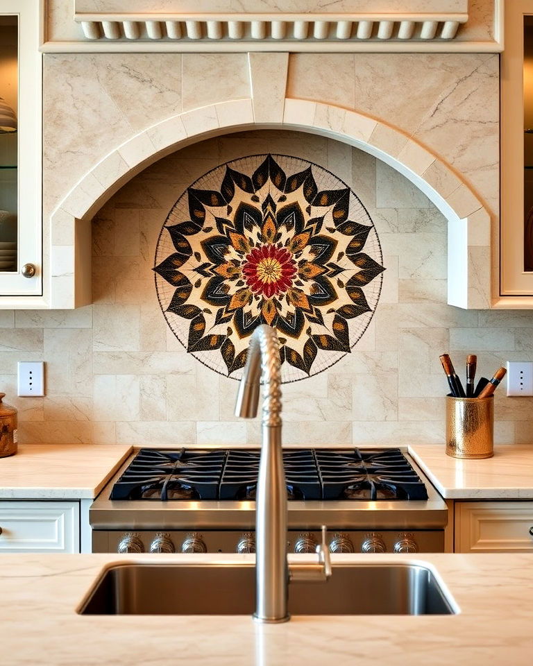 mosaic medallion focal point backsplash - 15 Travertine Kitchen Backsplash Ideas