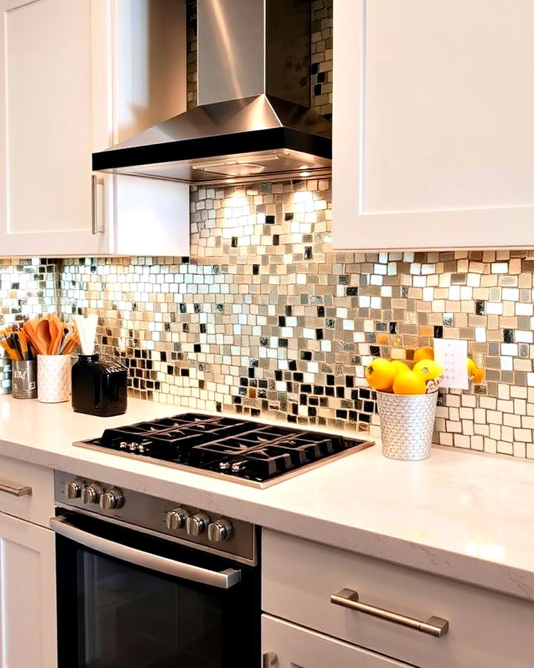 mosaic mirror backsplash for artistic flair - 25 Mirrored Backsplash Kitchen Ideas