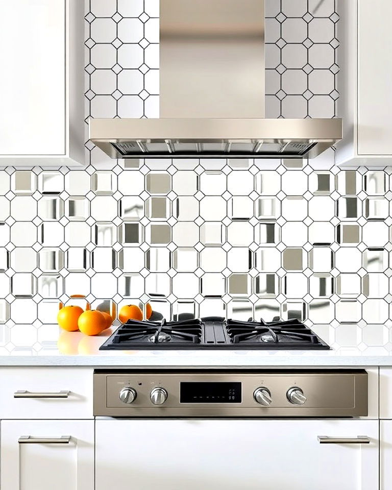 mosaic mirror tiles for a creative and textured kitchen design - 25 Mirrored Backsplash Kitchen Ideas