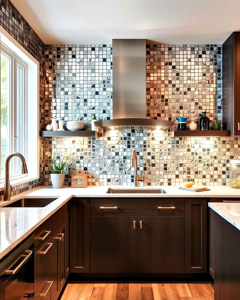 mosaic mirror tiles for a creative and textured kitchen design - 15 Mirror in Kitchen Ideas
