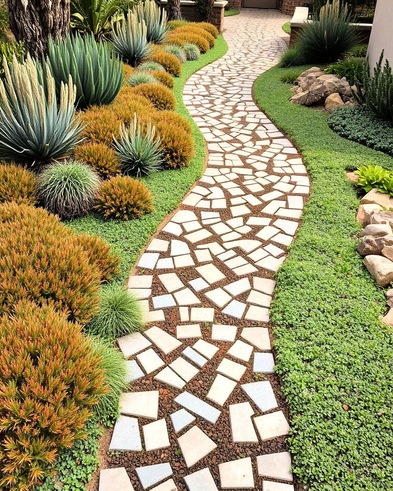 mosaic pathways with drought friendly borders - 25 Drought Tolerant Landscaping Ideas