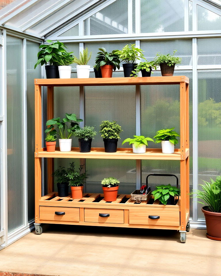 multi function shelves with storage compartments - 25 Greenhouse Shelving Ideas